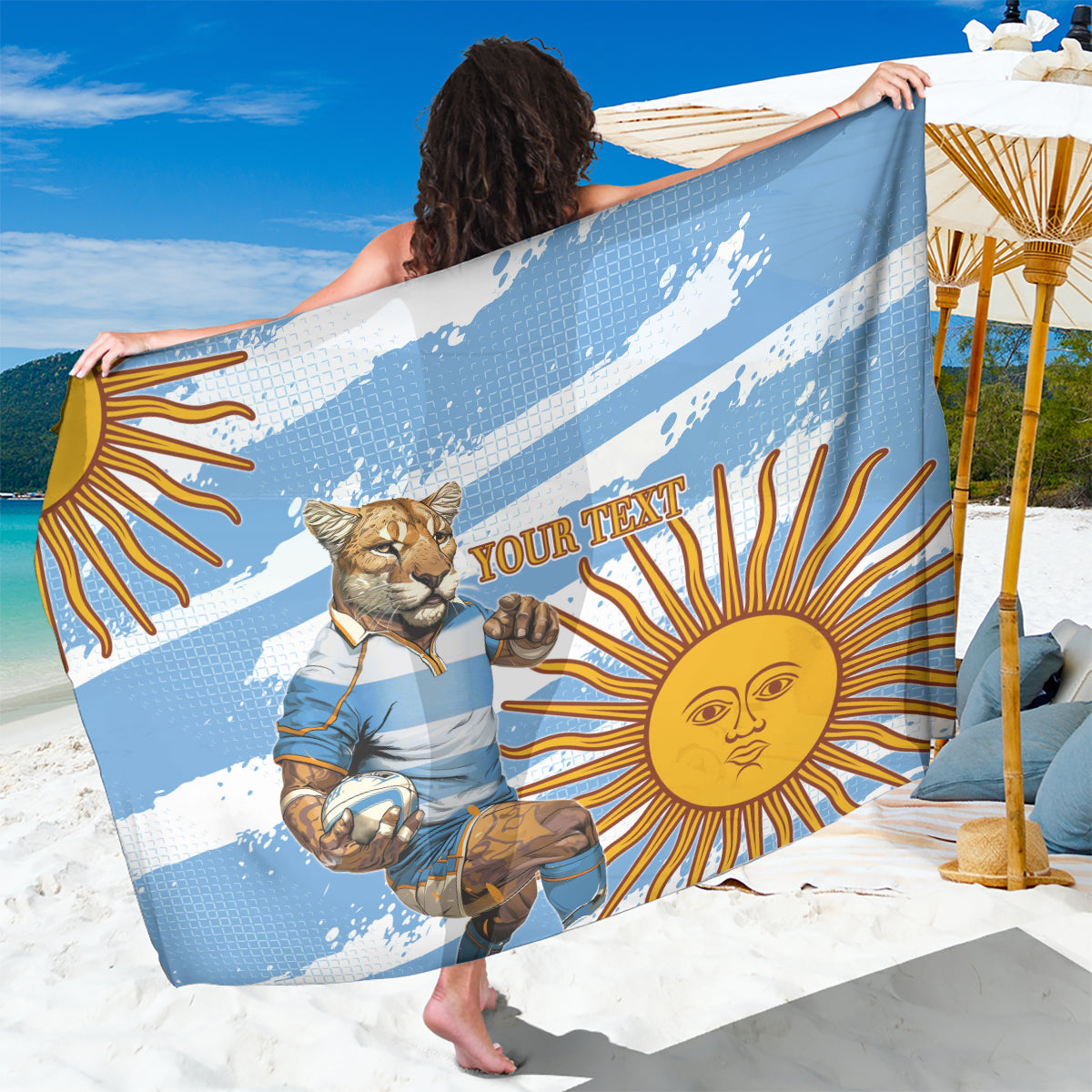 Custom Argentina sarong, blue-and-white with cat mascot and sunburst graphic, large panel