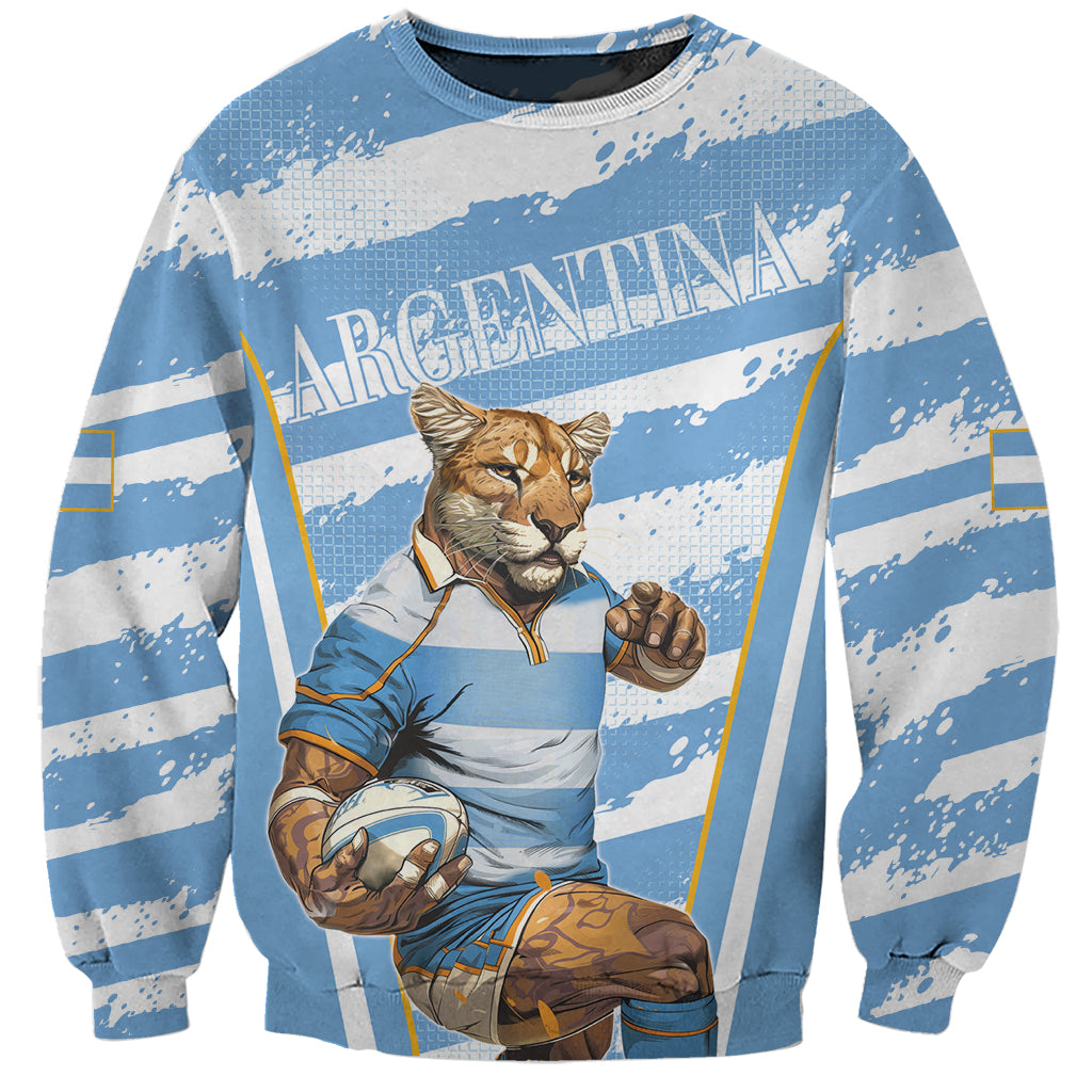Unisex blue and white sweatshirt with rugby mascot print and Argentina text on front