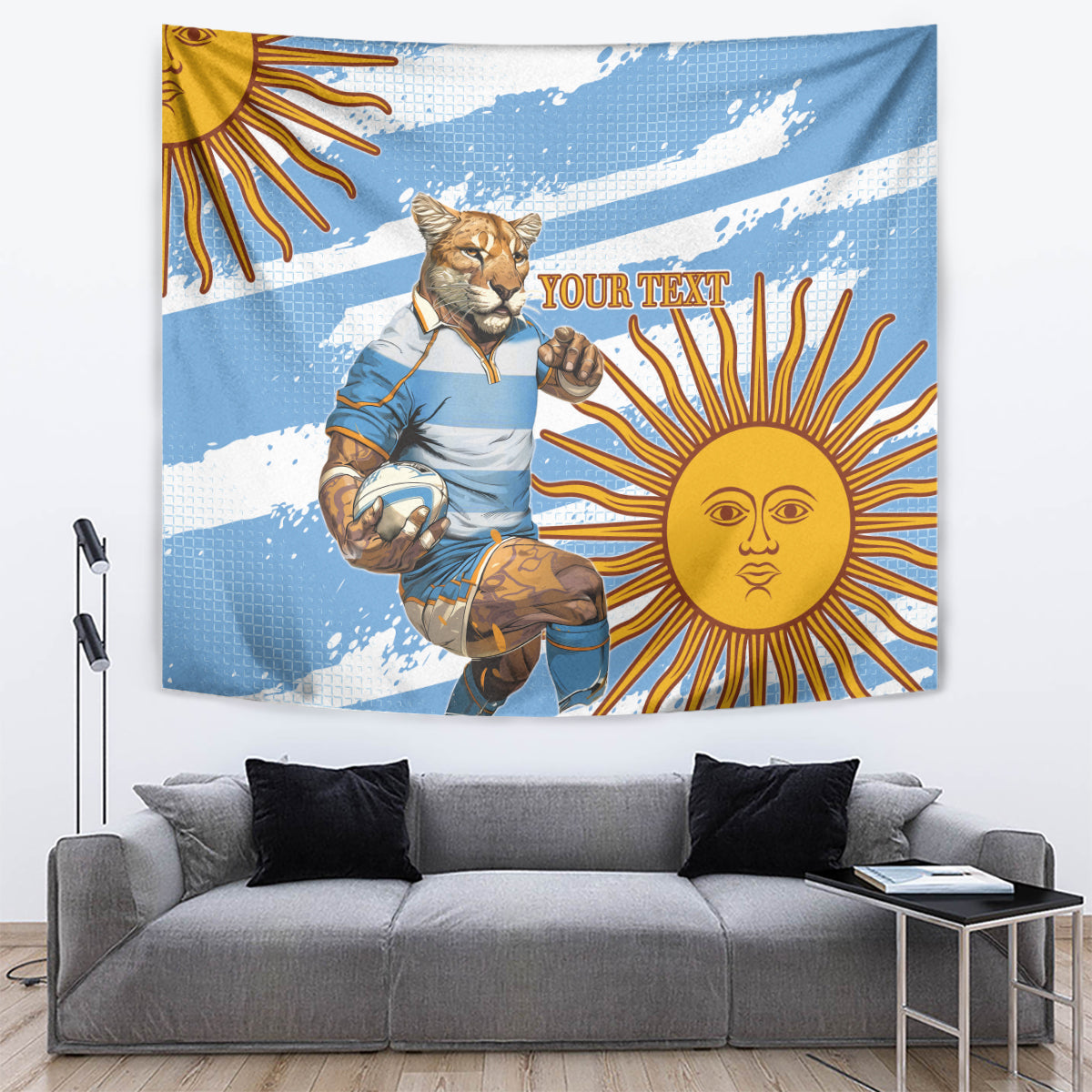 Blue rugby mascot tapestry with puma in Argentina kit and sun rays graphic