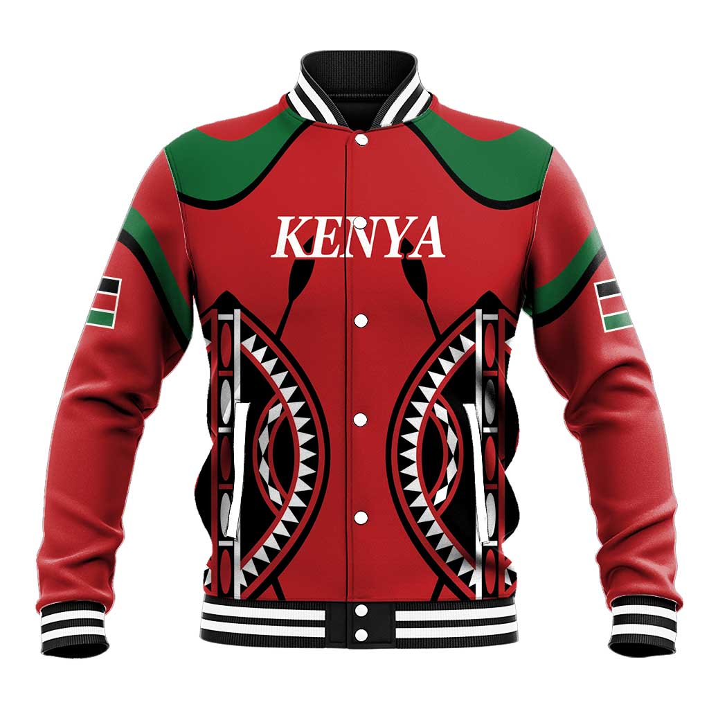 Unisex red rugby baseball jacket with Kenya lettering, striped rib collar, green accents