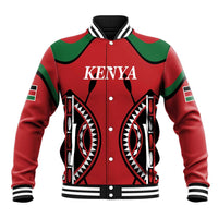 Unisex red rugby baseball jacket with Kenya lettering, striped rib collar, green accents