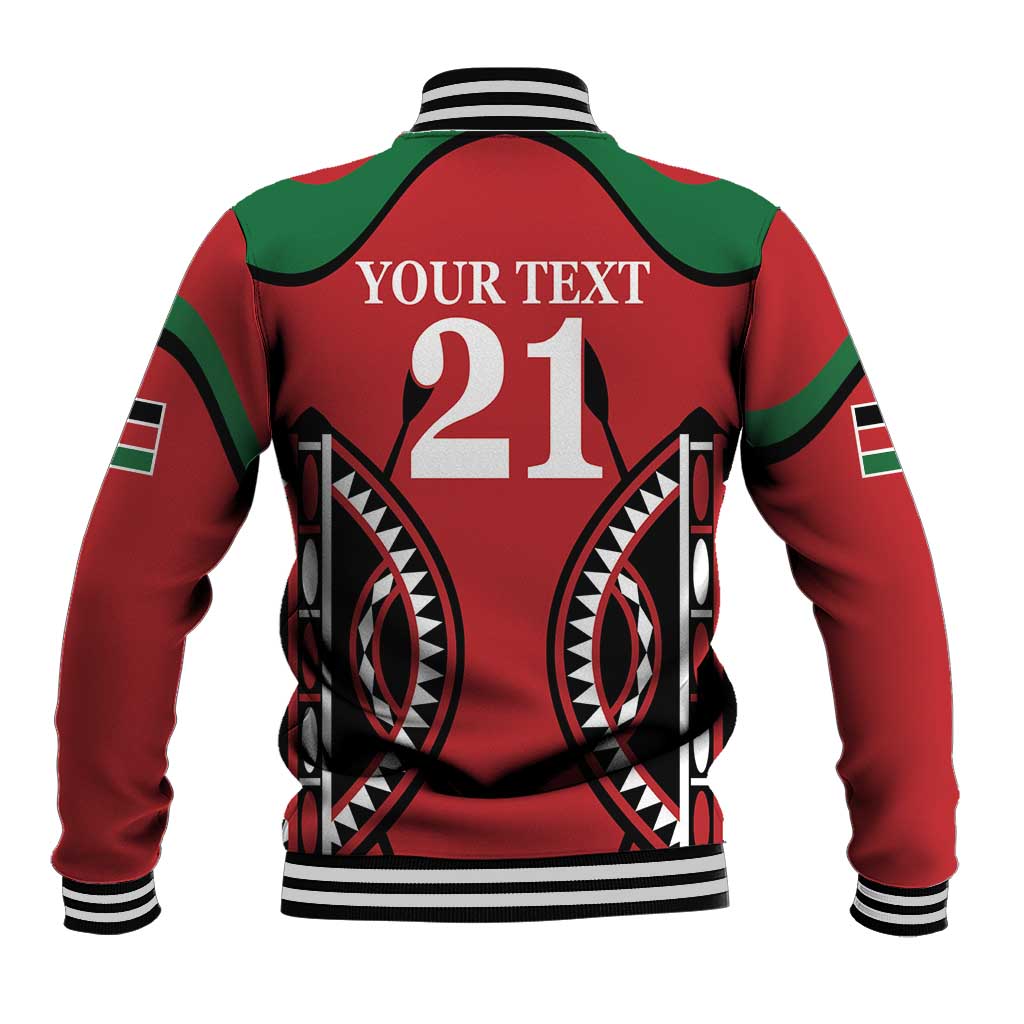 Unisex red rugby baseball jacket back with YOUR TEXT and number 21, striped rib hem