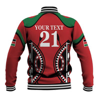 Unisex red rugby baseball jacket back with YOUR TEXT and number 21, striped rib hem