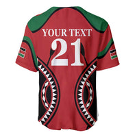 Red rugby baseball jersey back with green-trim shoulders; 'YOUR TEXT 21'