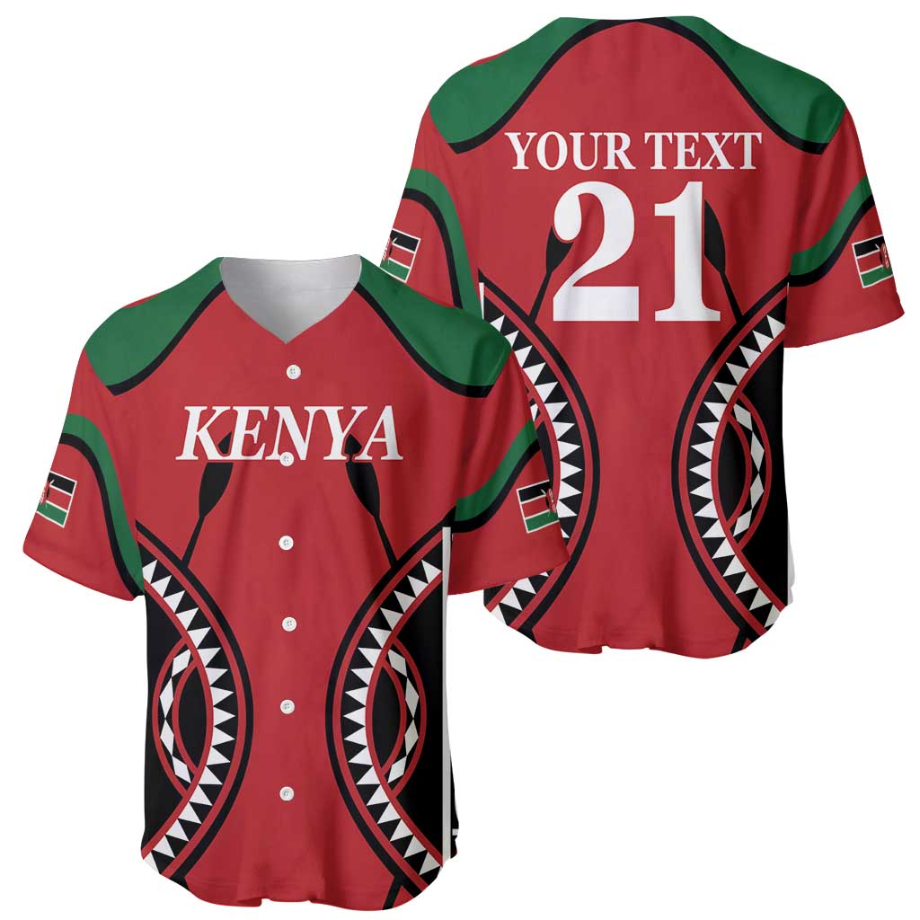Red rugby baseball jersey set: front 'KENYA', back 'YOUR TEXT 21' with green trim