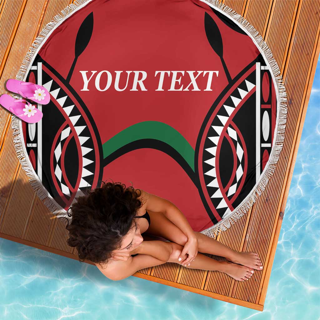Round red beach blanket with fringe edge, black tribal pattern and custom 'YOUR TEXT'.