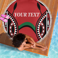 Round red beach blanket with fringe edge, black tribal pattern and custom 'YOUR TEXT'.