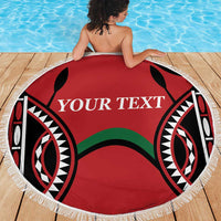 Round red beach blanket with fringe edge, black tribal pattern, custom 'YOUR TEXT'.