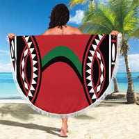 Round red beach blanket with fringe edge, black tribal oval pattern, custom 'YOUR TEXT'.
