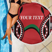 Round red beach blanket with fringe edge, black tribal pattern, custom 'YOUR TEXT'.