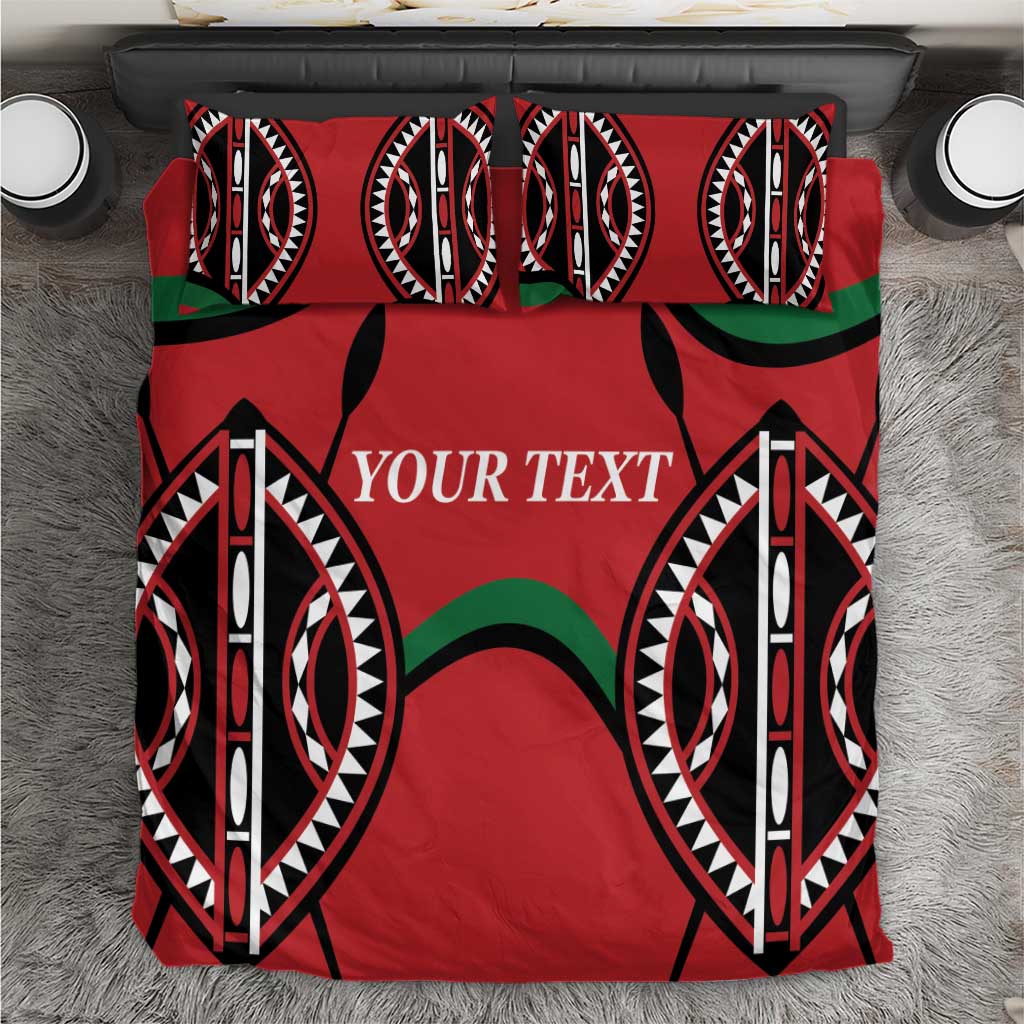 Red bedding set with bold black and white oval tribal motifs, green curved accents, “YOUR TEXT”.