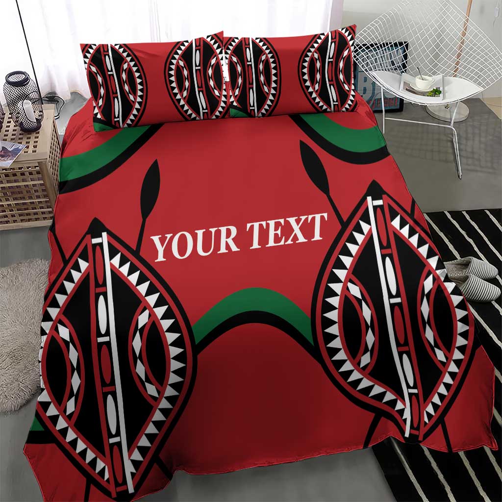 Red duvet cover bedding set with black, white, and green tribal pattern and “YOUR TEXT”.