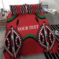 Red duvet cover bedding set with black, white, and green tribal pattern and “YOUR TEXT”.