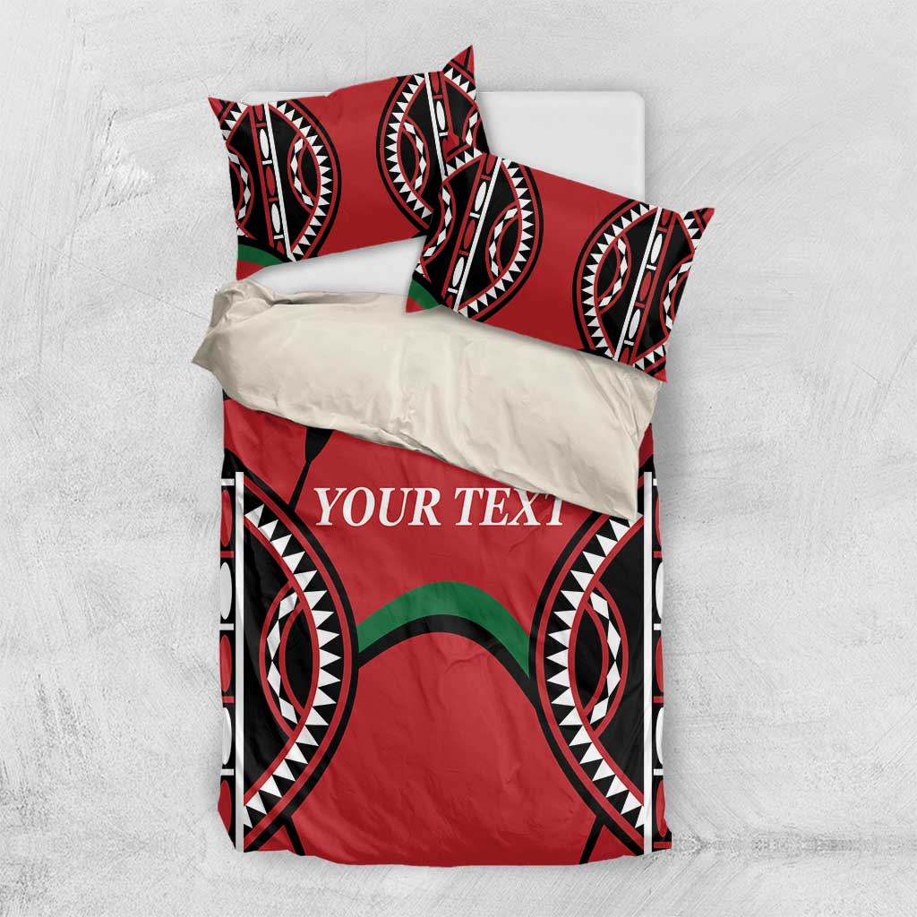 Red duvet and pillow set with black-and-white oval tribal motifs, green accents, “YOUR TEXT”.
