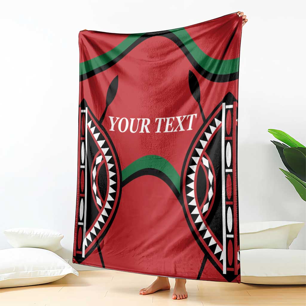 Red Kenya rugby blanket with “YOUR TEXT” and bold black-and-green tribal motifs.