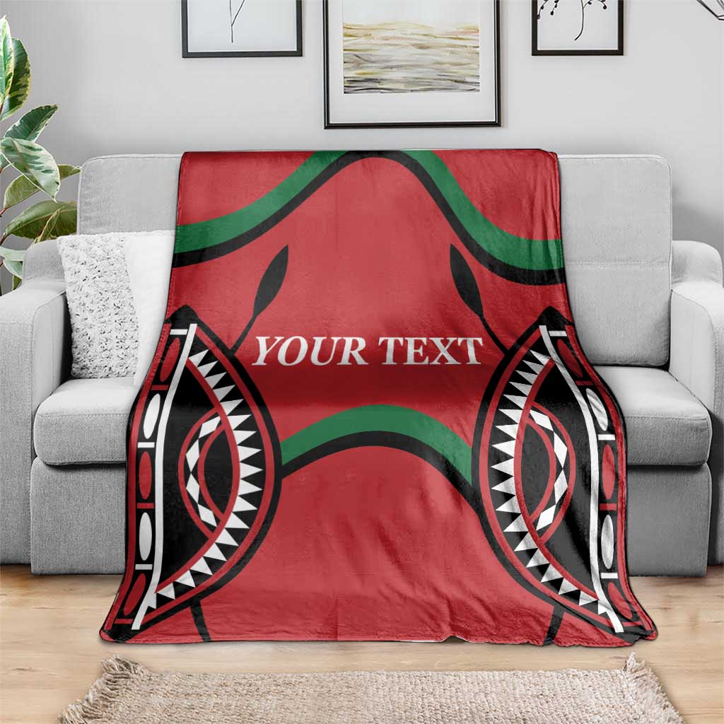 Red Kenya rugby blanket with “YOUR TEXT” and black-and-green border graphic design.