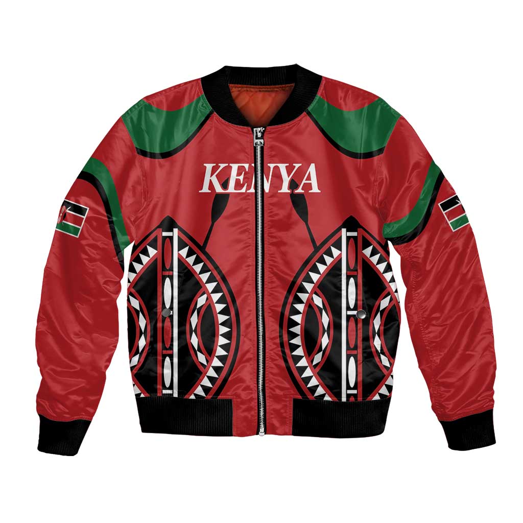 Red rugby bomber jacket, full-zip, Kenya front graphic with black/green trim