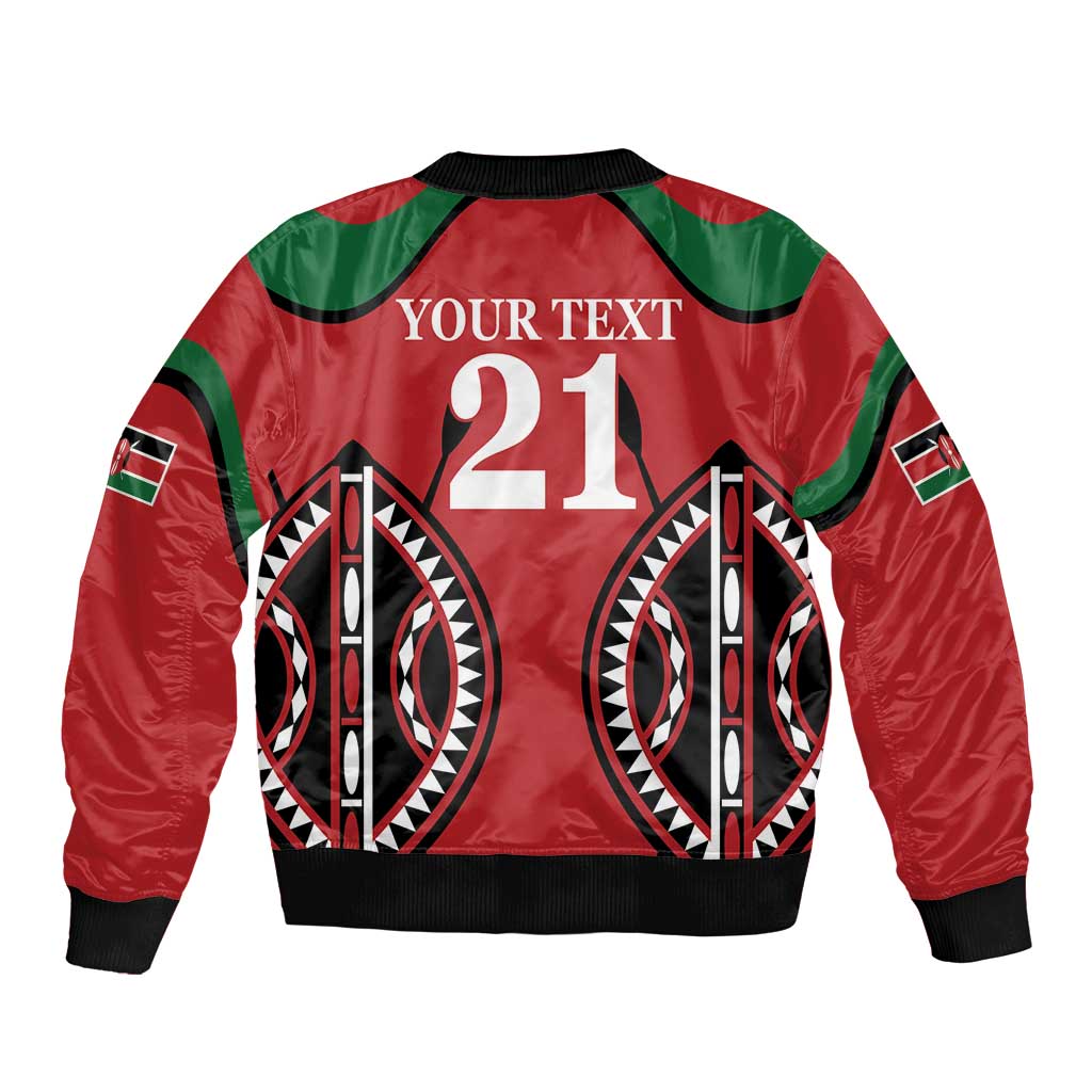 Red rugby bomber jacket, full back graphic with YOUR TEXT 21 and black/green trim