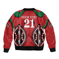 Red rugby bomber jacket, full back graphic with YOUR TEXT 21 and black/green trim