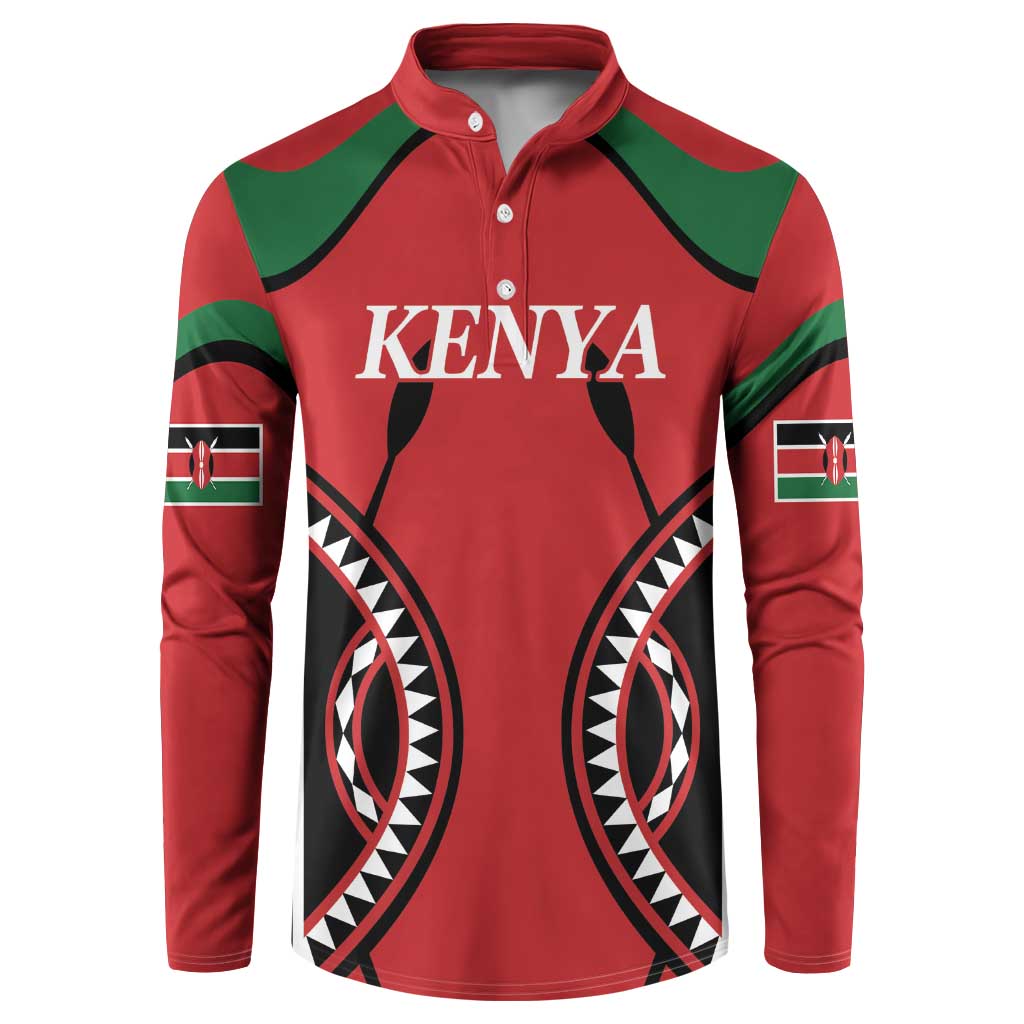 Red Kenya rugby-style button polo with green shoulder panels and KENYA chest print