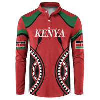 Red Kenya rugby-style button polo with green shoulder panels and KENYA chest print