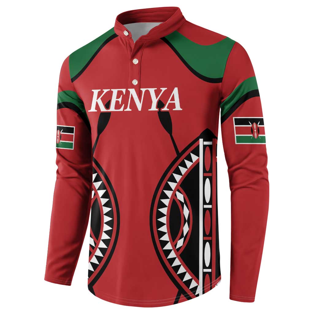 Red Kenya rugby-style button sweatshirt with green shoulders and KENYA front graphic