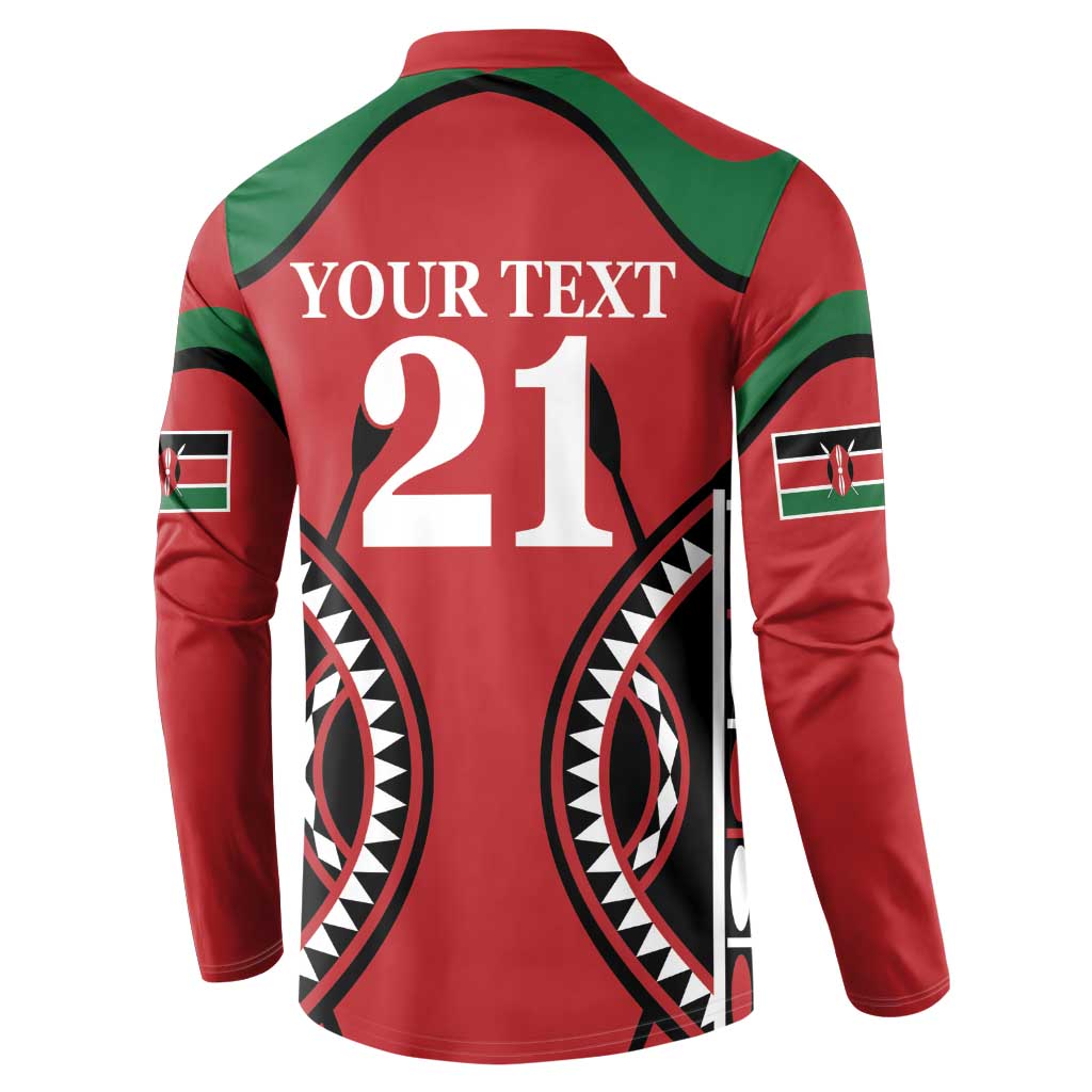 Red rugby-style button sweatshirt back with YOUR TEXT 21 and bold patterned design