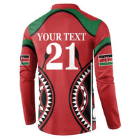 Red rugby-style button sweatshirt back with YOUR TEXT 21 and bold patterned design
