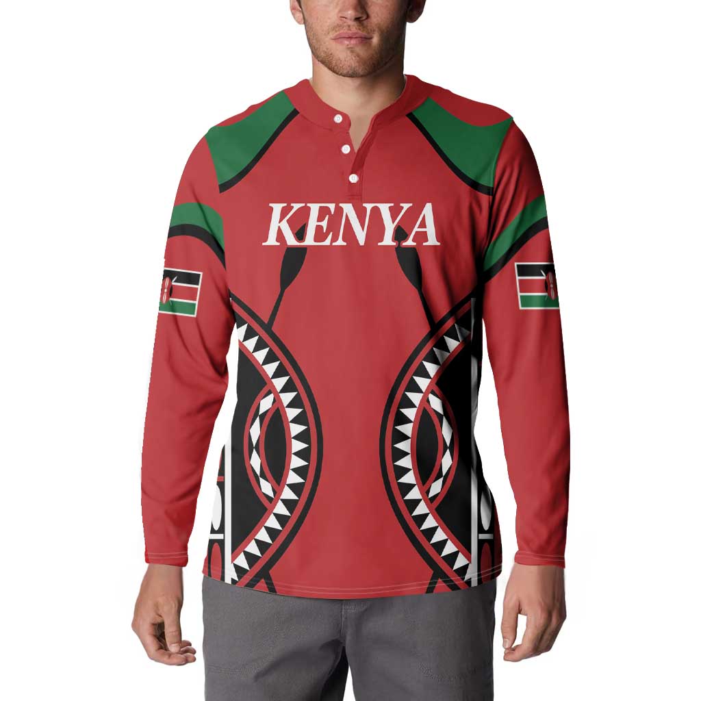 Red Kenya rugby-style button sweatshirt with green shoulders and long sleeves
