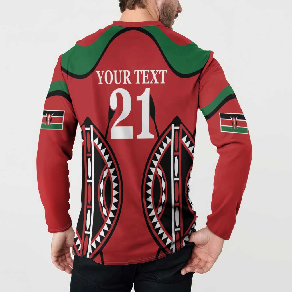 Red rugby-style button sweatshirt back view with YOUR TEXT 21 and side graphic details