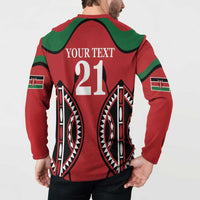 Red rugby-style button sweatshirt back view with YOUR TEXT 21 and side graphic details