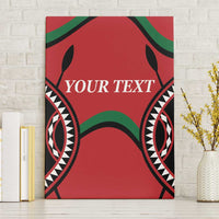 Red canvas wall art with black and green tribal pattern and 'YOUR TEXT' title, front view