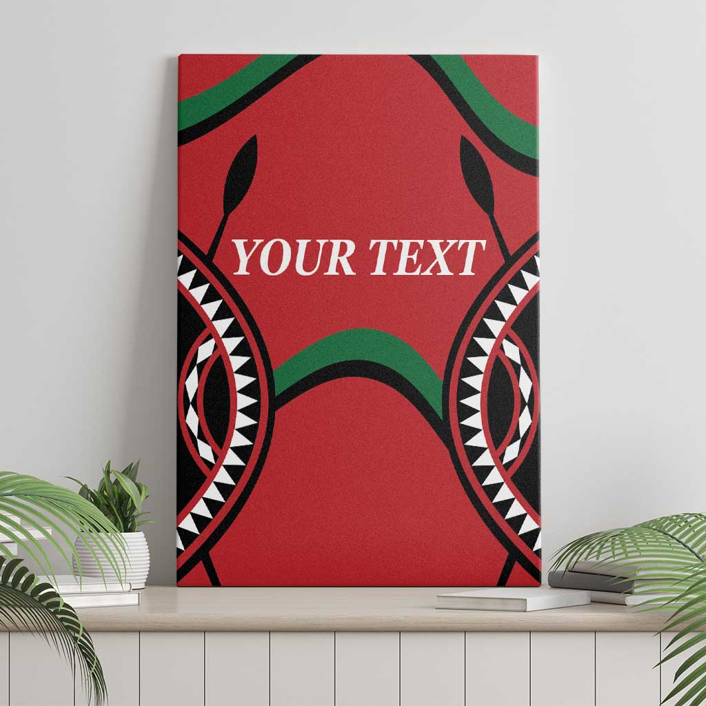Red canvas wall art with black and green tribal pattern and 'YOUR TEXT' text, front view