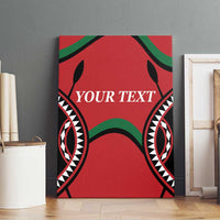 Red canvas wall art with black and green tribal pattern and 'YOUR TEXT' text, framed front