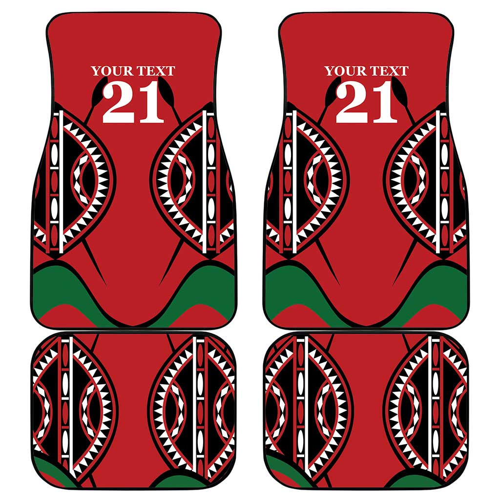 Set of 4 red custom car floor mats with bold 21 and tribal-style patterns