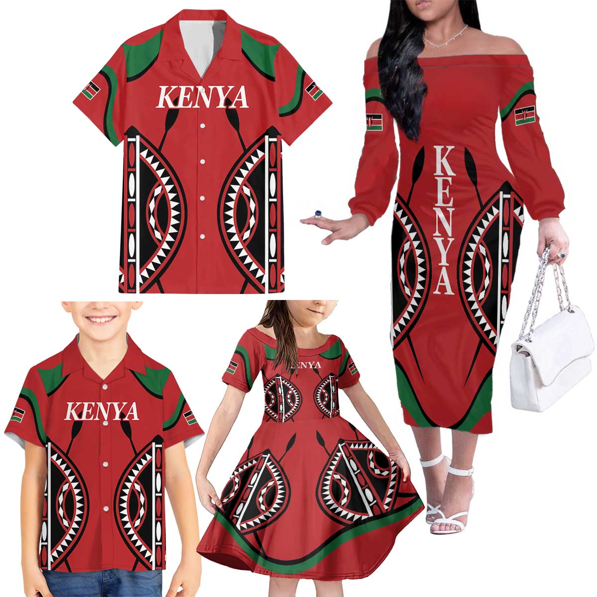 Custom Kenya Rugby Family Matching Off The Shoulder Long Sleeve Dress and Hawaiian Shirt Summer Paris 2024