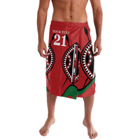 Red rugby shorts with black tribal graphic and green accents, adjustable waistband