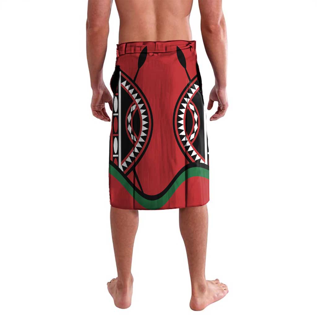 Red rugby shorts with large black tribal print and green trim, back view