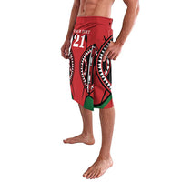 Red rugby shorts with 'YOUR TEXT 21' and black tribal graphic, side view
