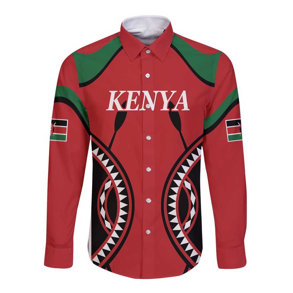 Red rugby button-up shirt, long sleeve, green yoke, tribal side panels, KENYA