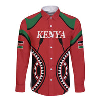 Red rugby button-up shirt, long sleeve, green yoke, tribal side panels, KENYA