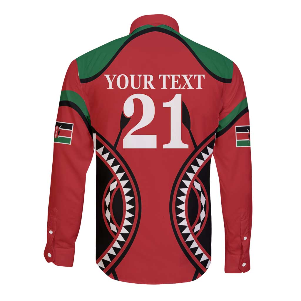 Red rugby button-up shirt back, green yoke, tribal graphic, YOUR TEXT 21