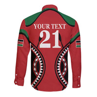 Red rugby button-up shirt back, green yoke, tribal graphic, YOUR TEXT 21