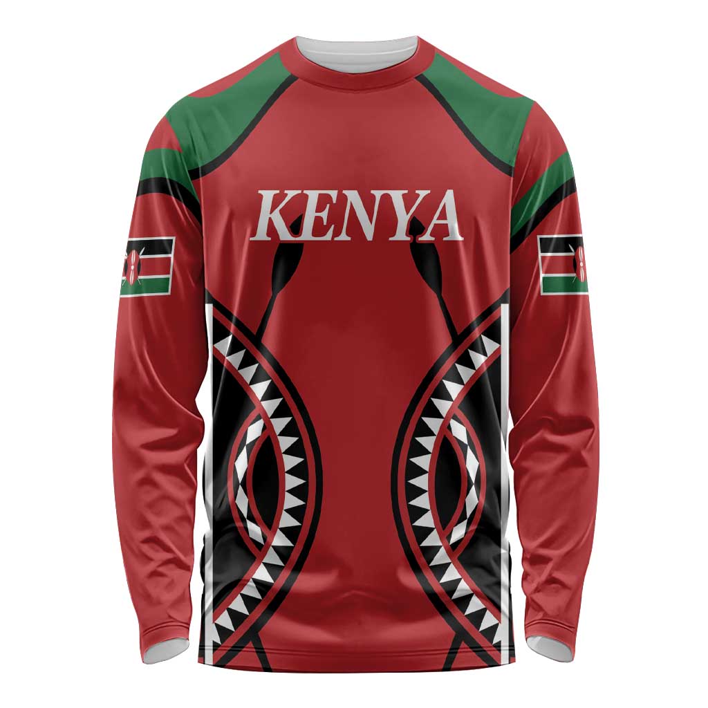 Red rugby long-sleeve shirt with green shoulders, 'KENYA' front print, graphic pattern