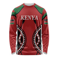 Red rugby long-sleeve shirt with green shoulders, 'KENYA' front print, graphic pattern
