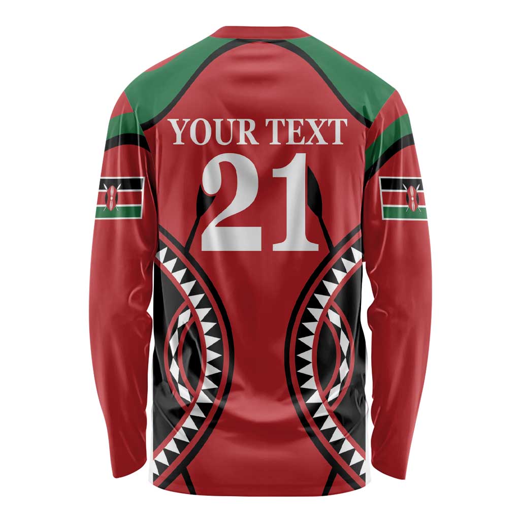 Red rugby long-sleeve shirt, green shoulders, 'YOUR TEXT 21' back print