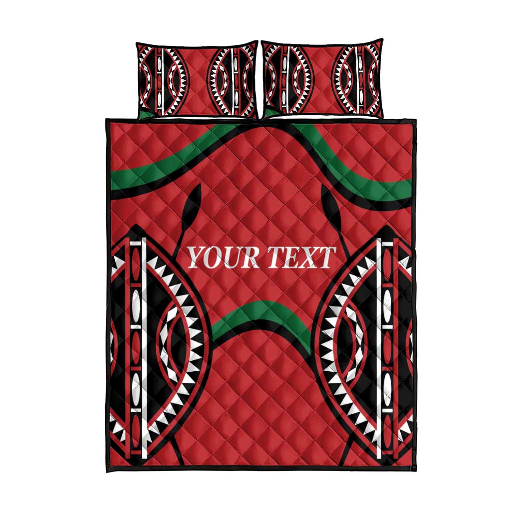 Red quilt bed set with two pillowcases, black/white/green tribal pattern, YOUR TEXT