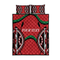 Red quilt bed set with two pillowcases, black/white/green tribal pattern, YOUR TEXT