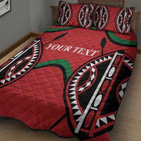 Red quilt bed set with green bands and bold black-and-white tribal motifs, YOUR TEXT