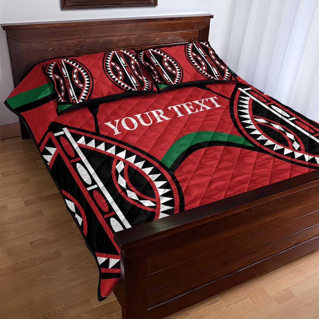 Red quilt bed set with diamond quilting texture, black-and-white motifs, green accents, YOUR TEXT